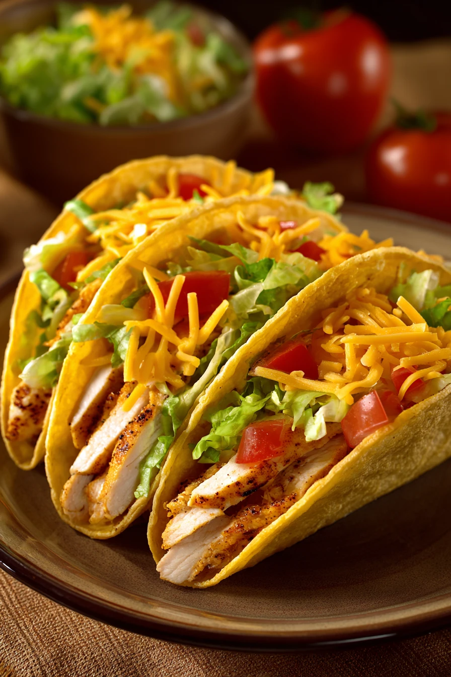 Close-up of delicious chicken tacos with fresh toppings and a warm, inviting presentation.