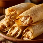 Close-up of chicken tamales with a warm, appetizing presentation.