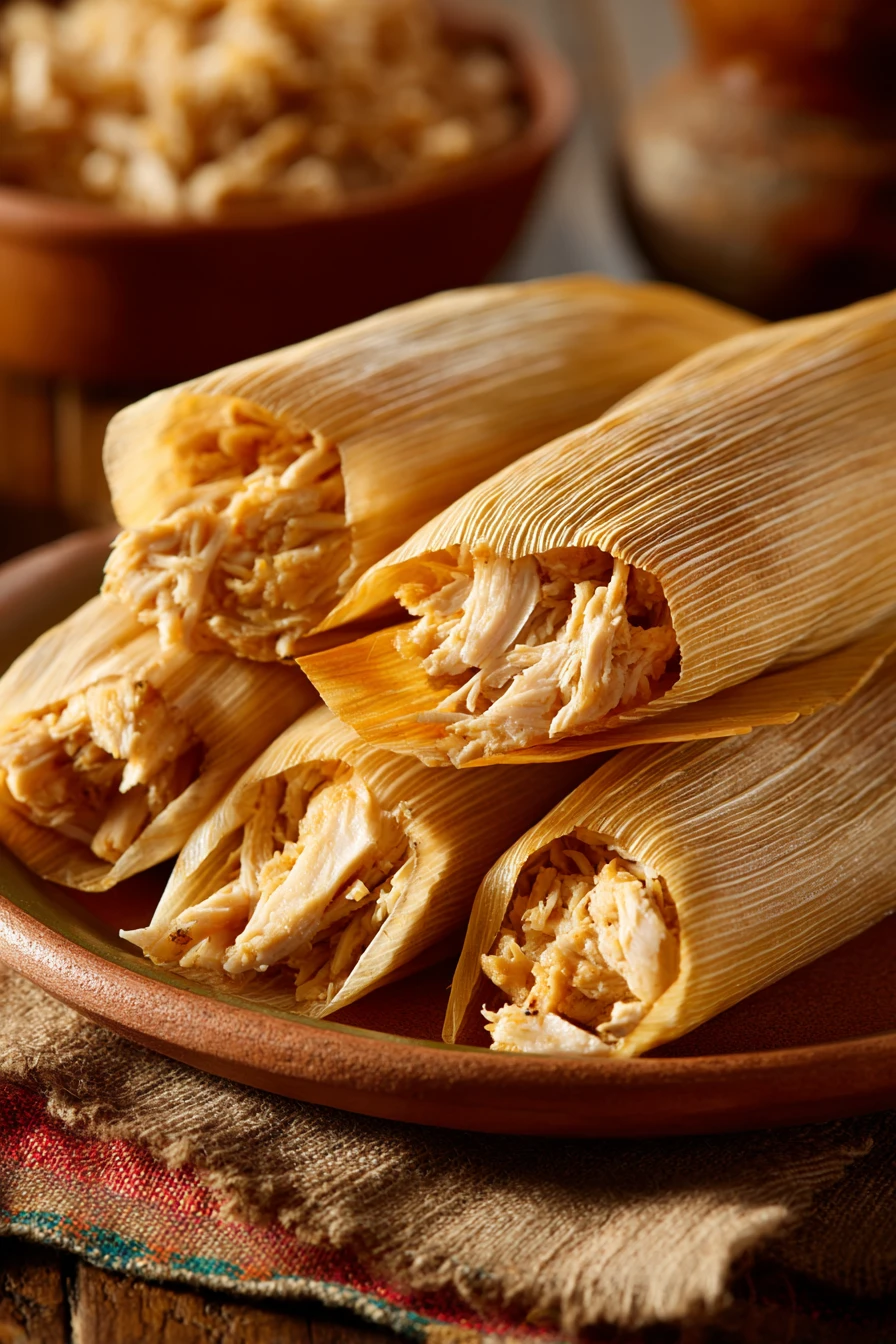 Close-up of chicken tamales with a warm, appetizing presentation.
