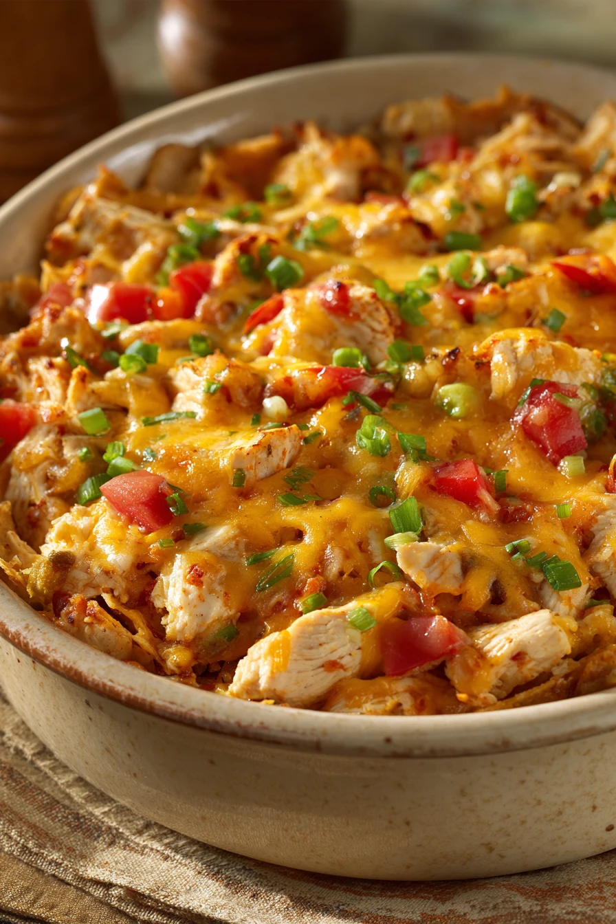 Close-up of a Chicken Tortilla Casserole with melted cheese and tortilla layers.