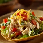 Close-up of chicken tostadas with toppings on a clean white plate.
