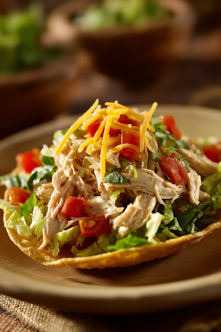 Close-up of chicken tostadas with toppings on a clean white plate.