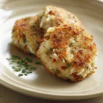 Close-up of a golden-brown crab cake on a white plate with a clean background.