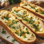 Close-up of garlic bread without cheese, showcasing a golden crust and fresh herbs.