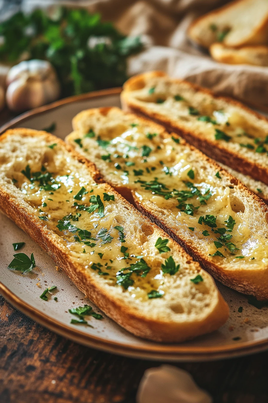 Close-up of garlic bread without cheese, showcasing a golden crust and fresh herbs.