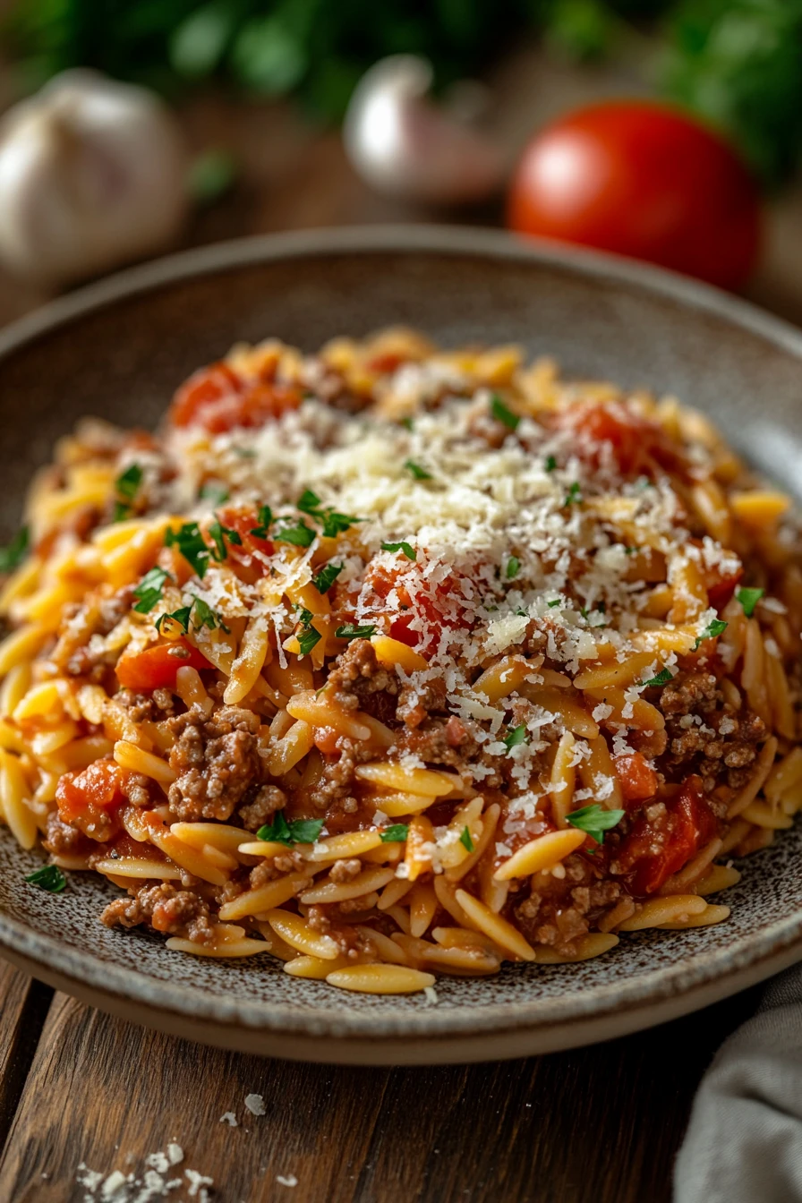 Close-up of a savory ground beef orzo dish with herbs and spices