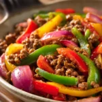 Close-up of sizzling ground beef fajitas with colorful peppers and onions