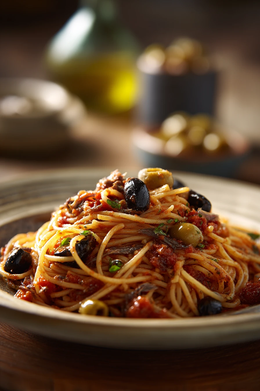 Close-up of Pasta Puttanesca with vibrant tomato sauce and herbs