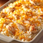 Close-up of a rice dinner casserole with golden crust and herbs