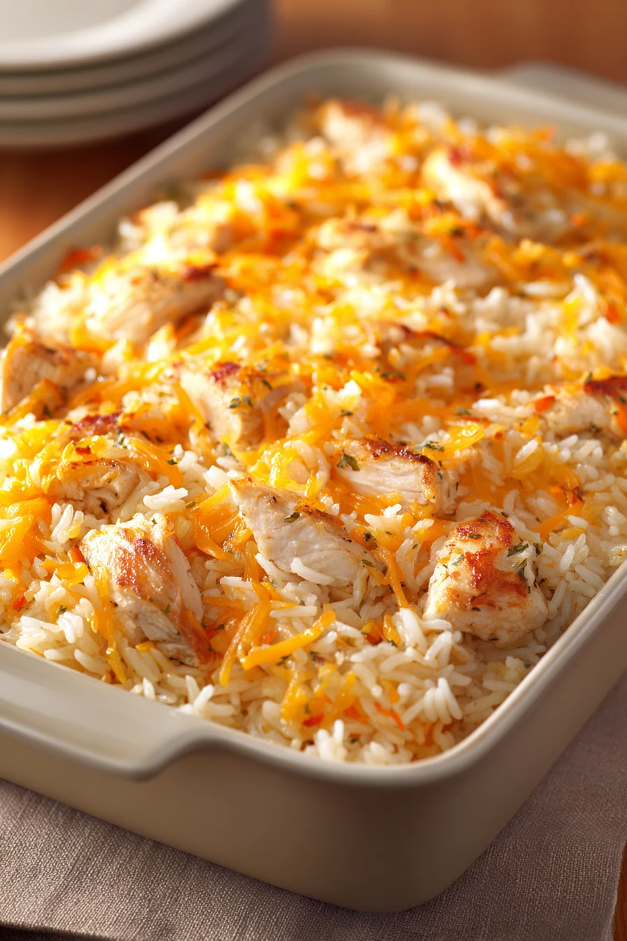 Close-up of a rice dinner casserole with golden crust and herbs