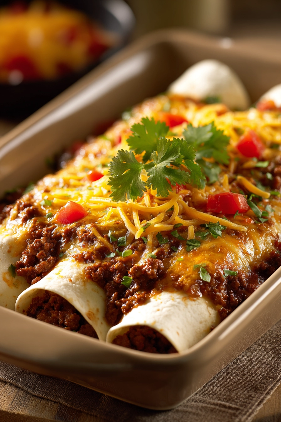 Close-up of Tex-Mex enchiladas with melted cheese and vibrant toppings.