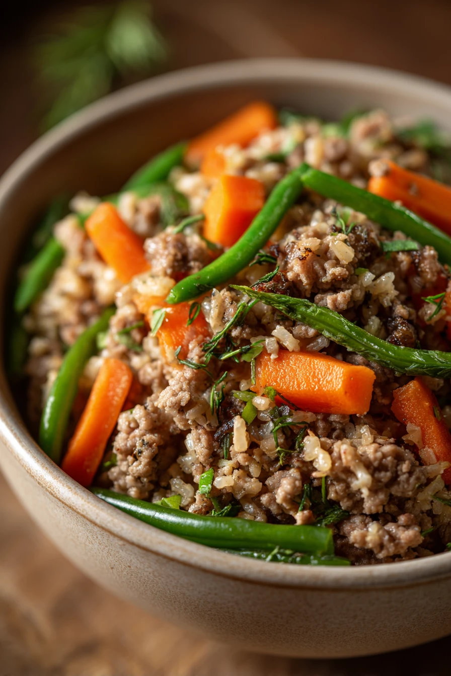 Close-up of a turkey dinner for dogs with vegetables and gravy on a white plate.