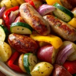 Close-up of a turkey sausage dinner with bright lighting and minimal background.