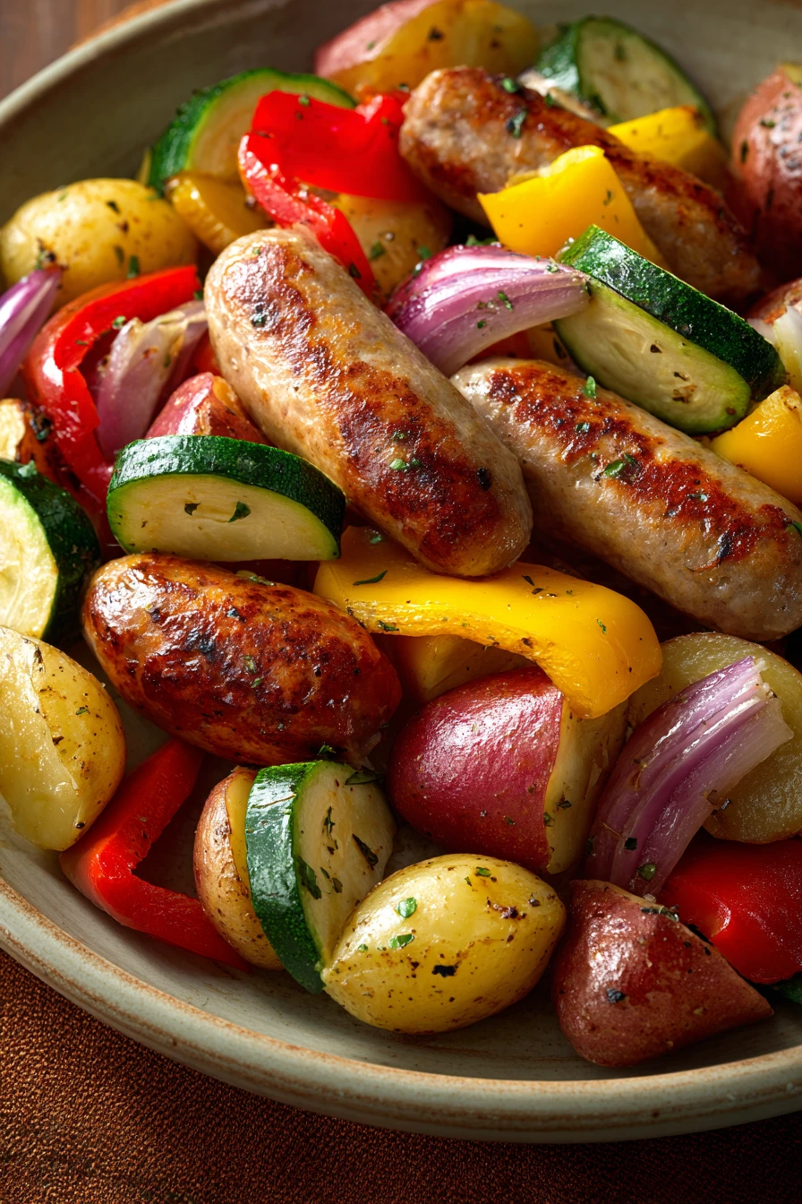 Close-up of a turkey sausage dinner with bright lighting and minimal background.