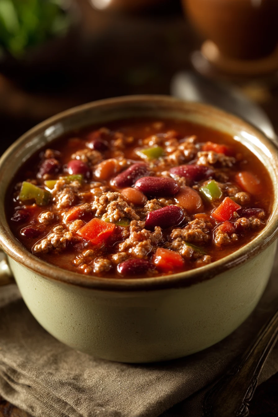 Close-up of Easy Crockpot Chili Soup with beans and tomatoes in a bowl