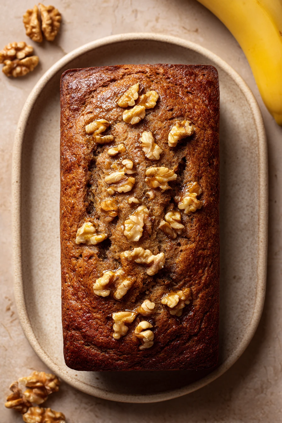Close-up of freshly baked Jamaican banana bread with a golden crust
