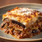 Close-up of a hearty moussaka with layers of eggplant, meat, and creamy sauce.