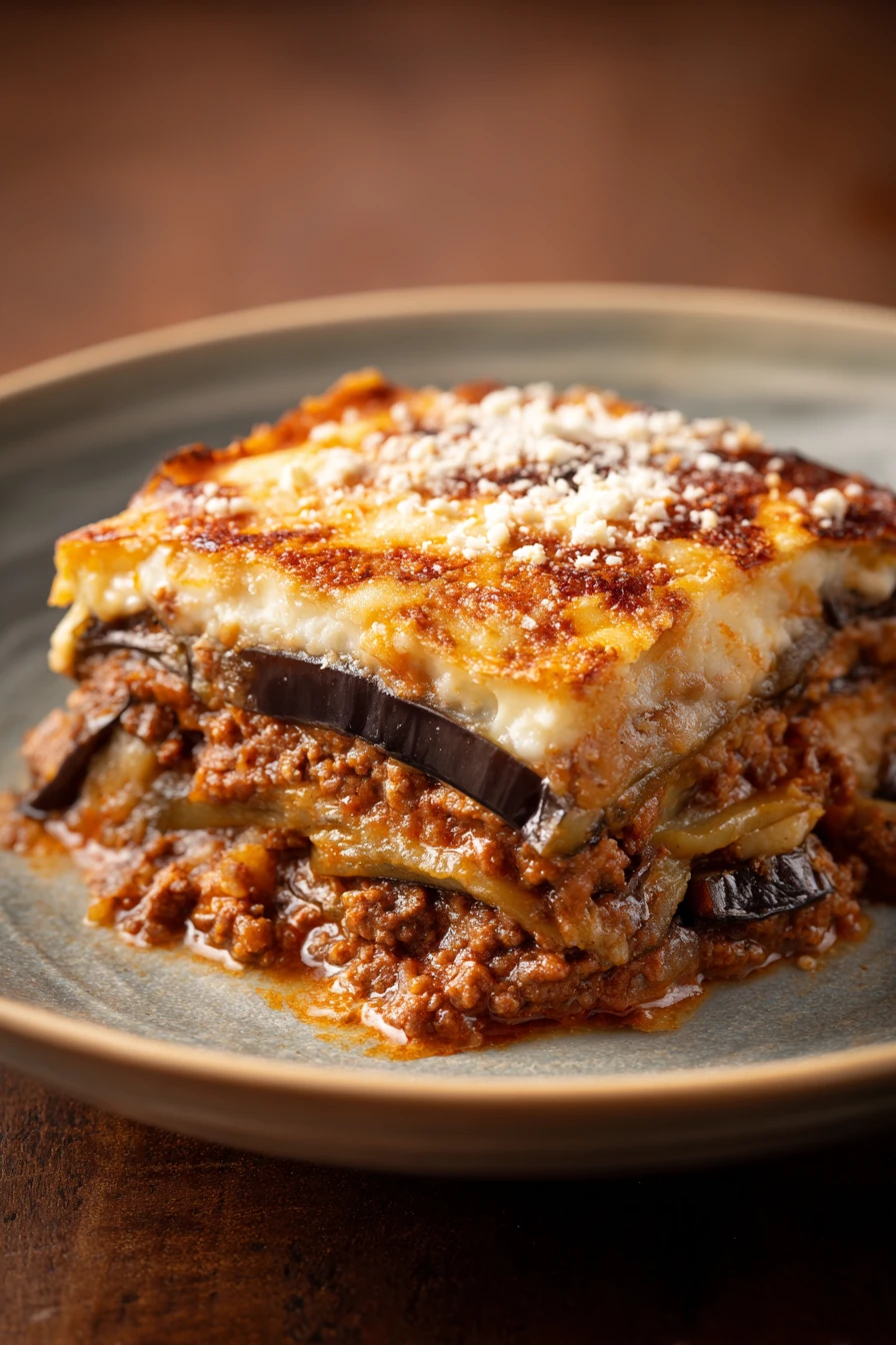 Close-up of a hearty moussaka with layers of eggplant, meat, and creamy sauce.