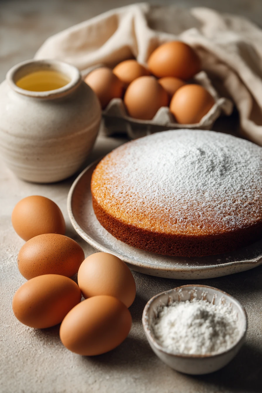 Close-up of a freshly baked vanilla cake with a smooth, creamy texture and golden crust.