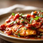 Close-up of a creamy chicken marinara dish with herbs in a slow cooker.