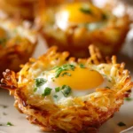 Eggs in crispy hash brown baskets with a golden brown texture and fresh herbs