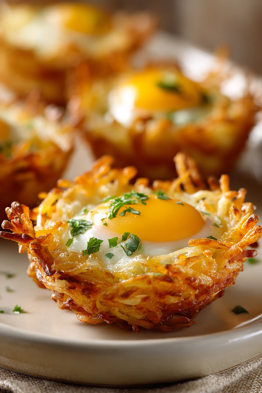 Eggs in crispy hash brown baskets with a golden brown texture and fresh herbs