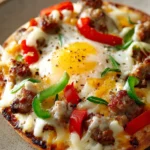 Close-up of a flavorful English muffin breakfast pizza topped with cheese and vegetables.