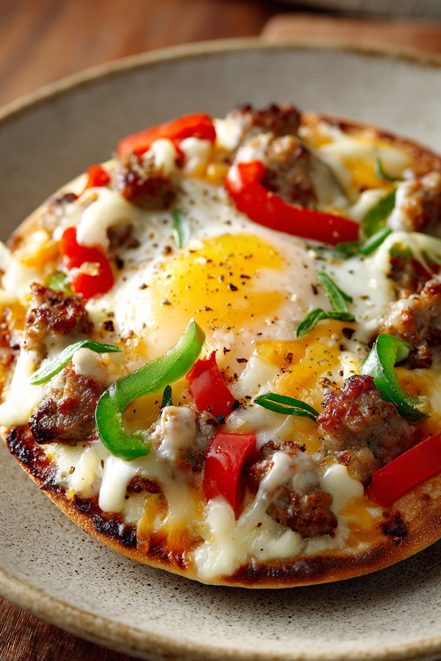 Close-up of a flavorful English muffin breakfast pizza topped with cheese and vegetables.
