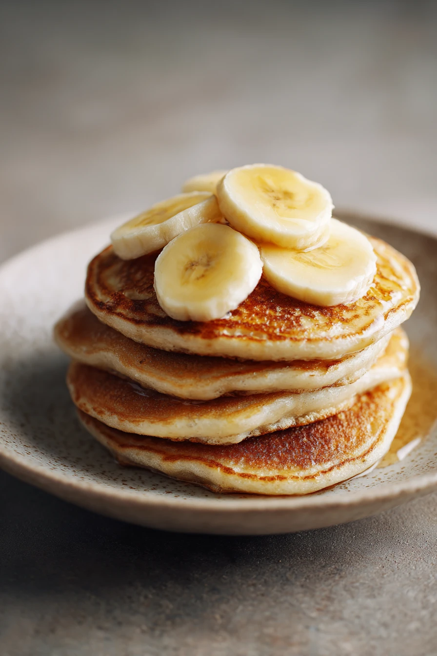 Close-up of fluffy banana pancakes stacked with syrup drizzling down.