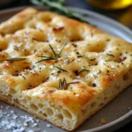 Close-up of freshly baked foccacia bread with herbs and no yeast