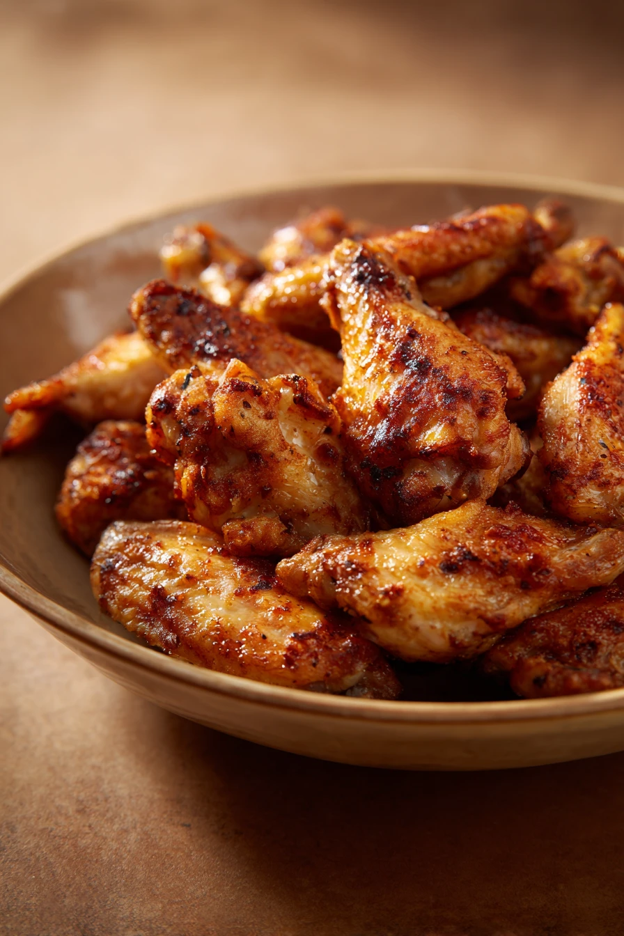 Close-up of golden-brown freezer chicken wings with a crispy texture