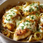 Close-up of French Onion Chicken Skillet with golden brown chicken and creamy sauce.