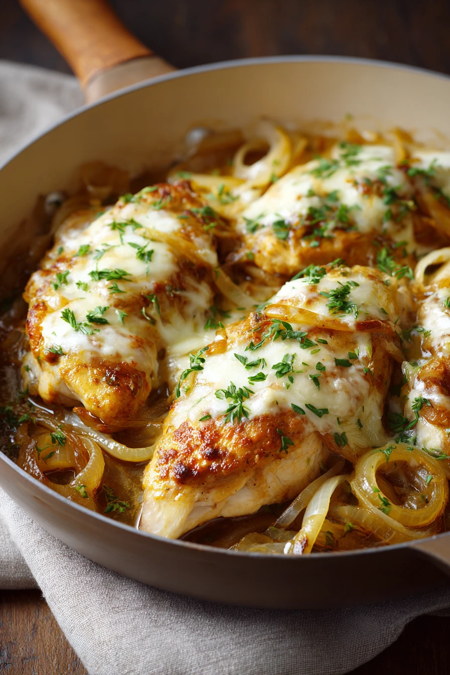 Close-up of French Onion Chicken Skillet with golden brown chicken and creamy sauce.
