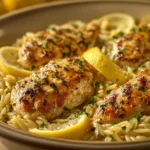 Close-up of Garlic Butter Lemon Chicken Orzo with visible garlic and butter sauce