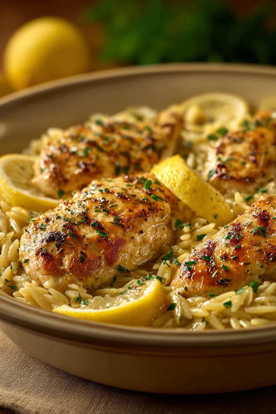 Close-up of Garlic Butter Lemon Chicken Orzo with visible garlic and butter sauce