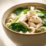 Close-up of Ginger Scallion Chicken Noodle Soup with vibrant ingredients