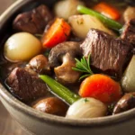 Close-up of a hearty gluten-free beef stew with vegetables in a bowl.