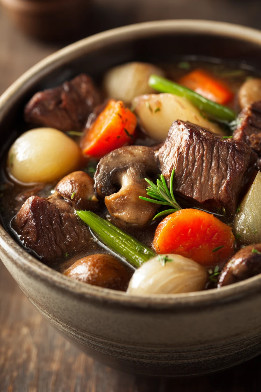 Close-up of a hearty gluten-free beef stew with vegetables in a bowl.