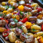 Close-up of gnocchi with chicken sausage on a sheet pan, garnished with herbs.