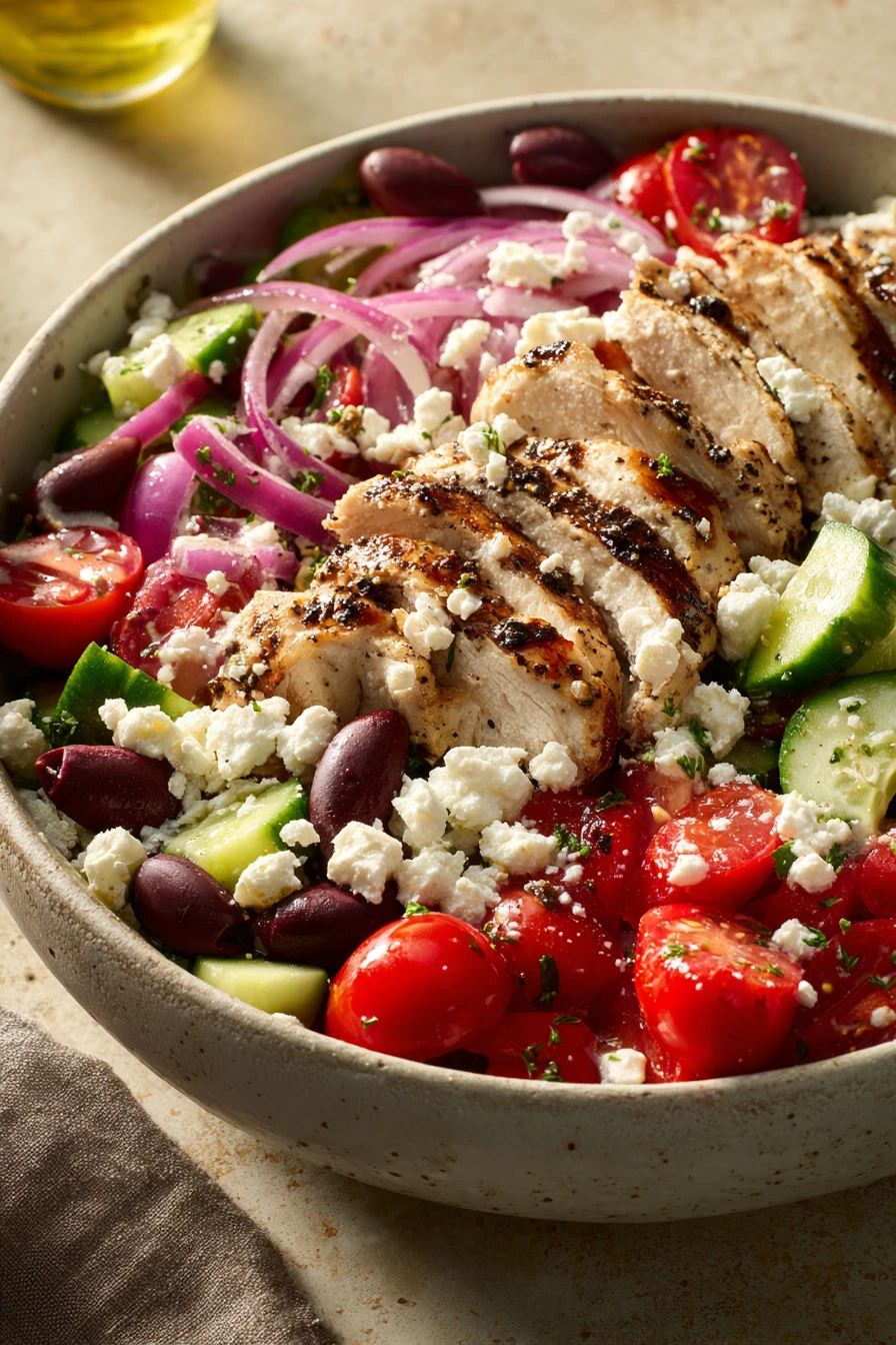 Close-up of a Greek chicken bowl with vibrant ingredients and fresh herbs.