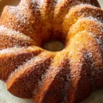 Close-up of a greek yogurt lemon coffee cake with a light, airy texture and a hint of lemon zest.
