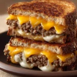 Close-up of a grilled cheese patty melt with melted cheese and toasted bread.