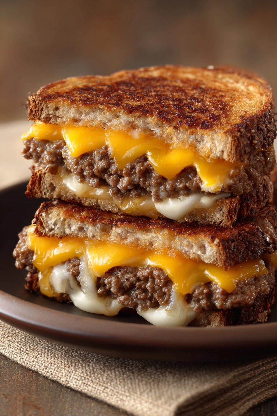 Close-up of a grilled cheese patty melt with melted cheese and toasted bread.
