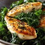 Close-up of grilled chicken breast with fresh kale on a white plate