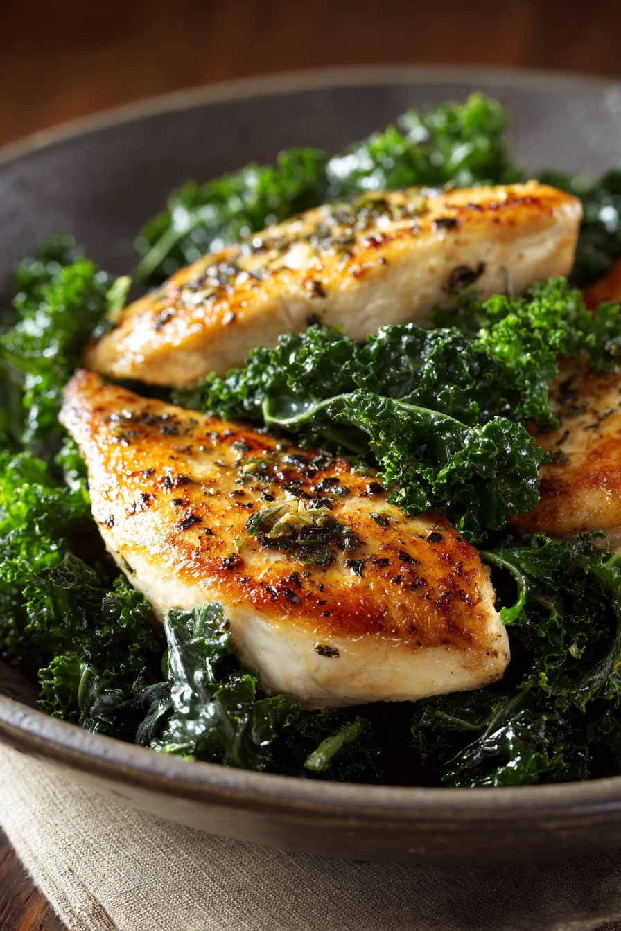 Close-up of grilled chicken breast with fresh kale on a white plate