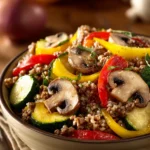 Close-up of a ground beef dish with vegetables, perfect for a low calorie dinner.