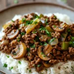 Close-up of a savory ground beef dinner with herbs, perfect for a no milk recipe.