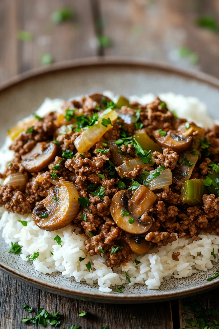 Close-up of a savory ground beef dinner with herbs, perfect for a no milk recipe.