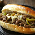 Close-up of a ground beef philly cheese steak with melted cheese and peppers