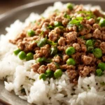 Close-up of a ground turkey and rice dish with vibrant colors and appetizing presentation.